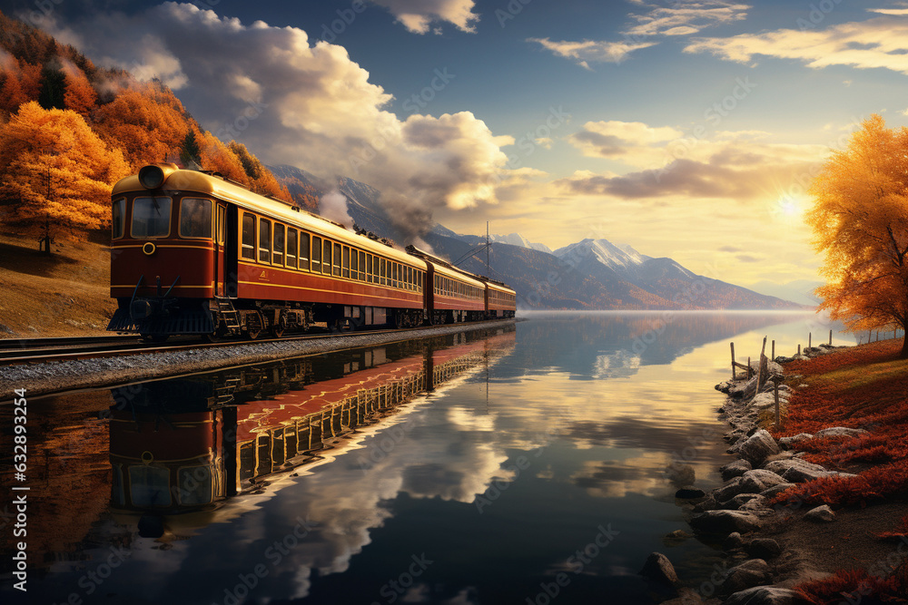 train that travels alongside picturesque lakeshores, capturing reflections on the water, scenic views of the lake, and the tranquility of the surrounding landscapes Generative AI train that travels alongside picturesque lakeshores, capturing reflections on the water, scenic views of the lake, and the tranquility of the surrounding landscapes Generative AI
