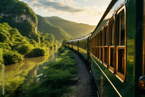 Journey through a scenic river valley by train, passing by meandering rivers, lush greenery, and charming villages, capturing the tranquility and serenity of the surroundings Generative AI