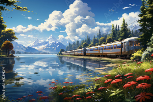 train that travels alongside picturesque lakeshores, capturing reflections on the water, scenic views of the lake, and the tranquility of the surrounding landscapes Generative AI