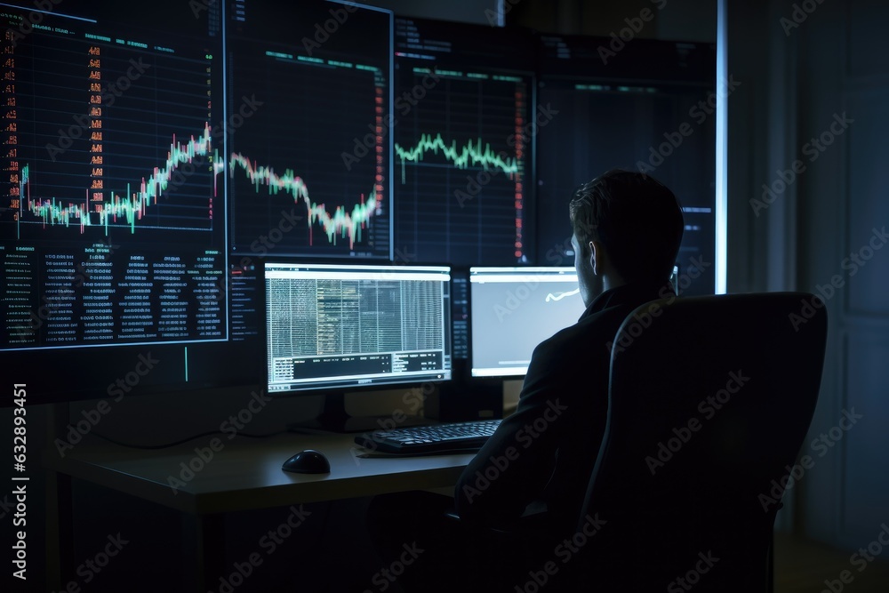 Man is sitting behind the computer looking at monitors ai generated Man is sitting behind the computer looking at monitors ai generated