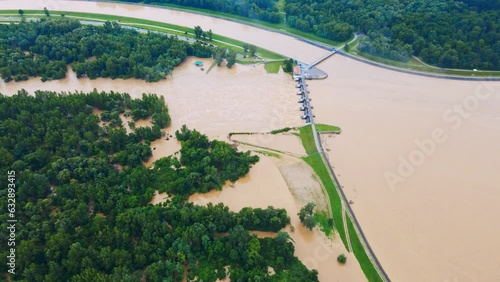 Horrific Aerial 4K Drone footage of HE Varaždin-Ormož Lake. Drava River's force challenges power plants during floods. Daytime shots, cloudy weather. photo