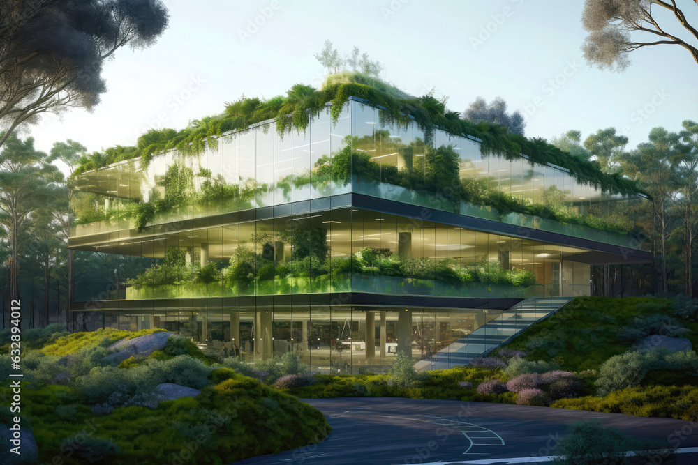 Sustainable Glass Office Building With Green Roof Covered In Lush Vegetation. Generative AI