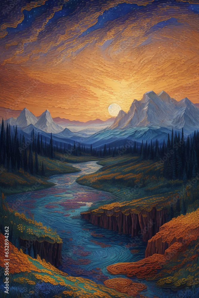 Fantasy landscape with river and mountains at sunset. Digital painting.