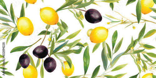 Modern Beautiful seamless pattern with hand drawn watercolor yellow lemons on branches with leaves and black olives. Collage contemporary seamless pattern