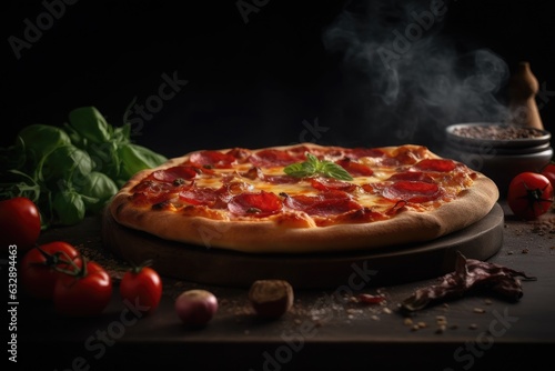 Whole tasty juicy pizza on black background