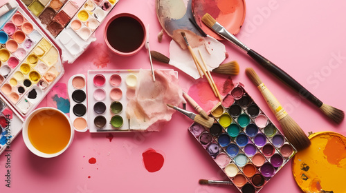 Art supplies (paint palettes, sketchbooks, brushes), Solid pink background, 
