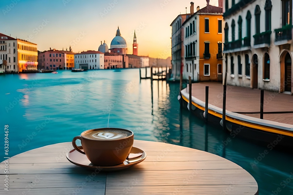 Fototapeta premium A cup of coffee and a flower vase on the table in front of the Canal in Venice during sunset, in the style of captivating cityscapes. Generative AI