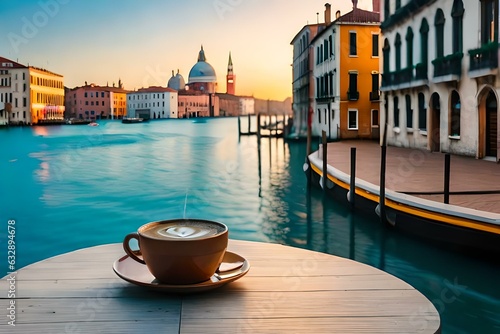 A cup of coffee and a flower vase on the table in front of the Canal in Venice during sunset, in the style of captivating cityscapes. Generative AI