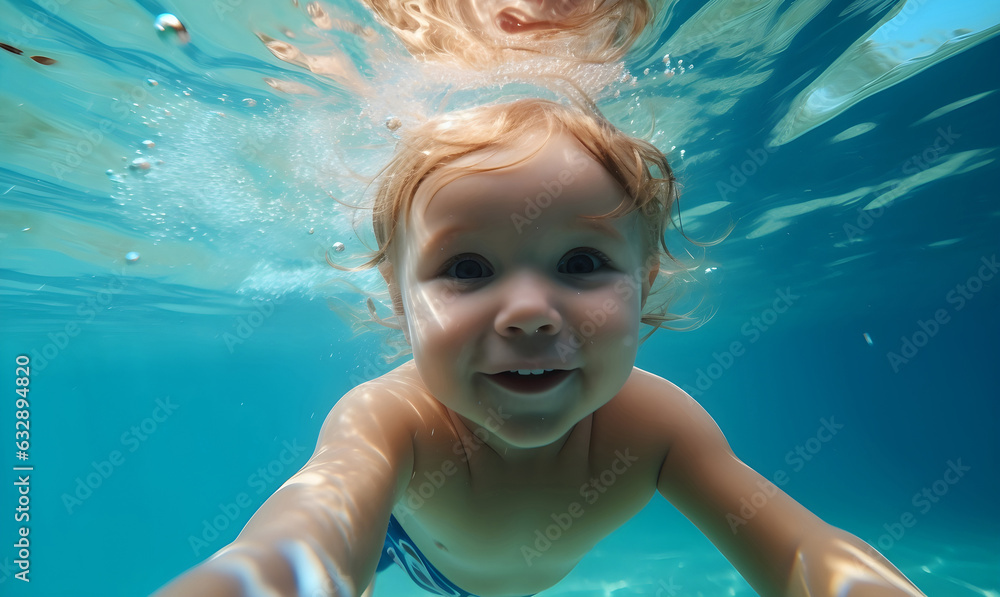 Happy little beautiful baby boy in a learns to swims tropical dives underwater in the swimming pool.