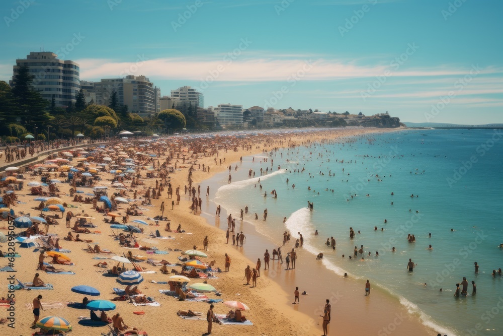 Crowded Beach With People Sunbathing, Generative AI Crowded Beach With People Sunbathing, Generative AI