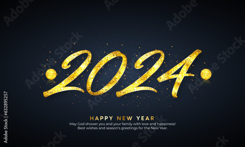 Happy new year 2024 gold text effect background with 3D number design