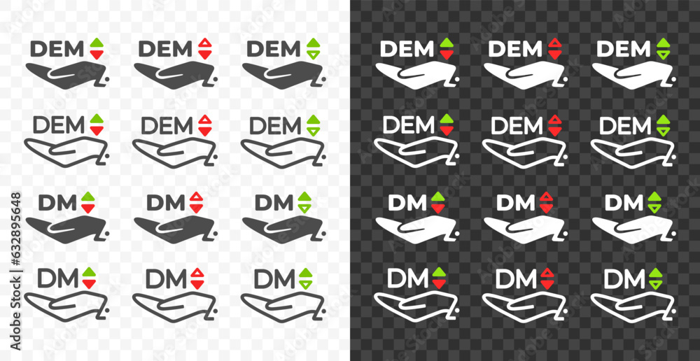 Hand and Deutsche Mark, DEM with up and down arrow currency exchange