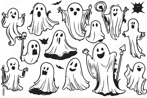 Pumpkins and ghost collection Halloween sticker sketch set. Big set doodle.