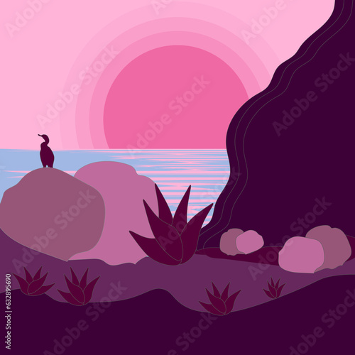 PINK BEACH CLIFFS LANDSCAPE ILLUSTRATION