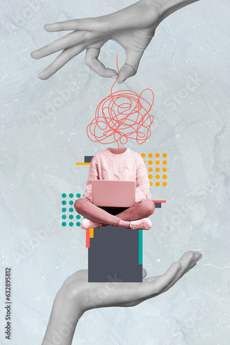 Poster picture collage artwork of weird unusual faceless girl string mess instead head isolated on painted background