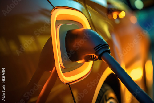 Close up of EV car with yellow backlight connected to charging station. Power cable plug into electric vehicle. Alternative sustainable eco energy.