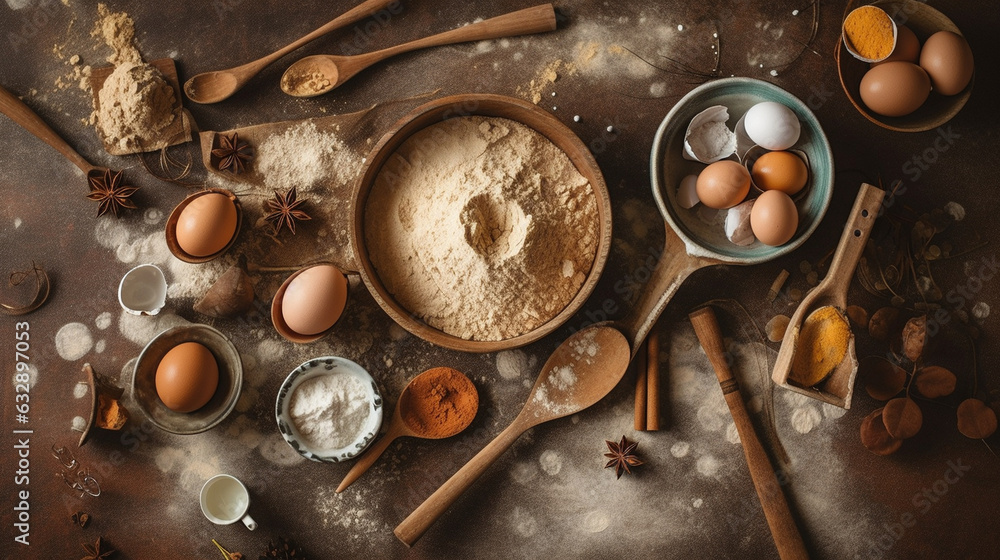 Rustic baking ingredients (flour, eggs, wooden spoons), Solid beige background, Flat lay, 