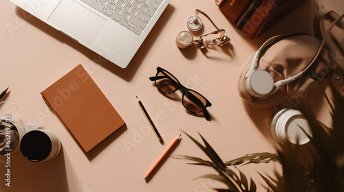 Workspace essentials (laptop, notepad, pen holder), Solid beige background, Flat lay, 