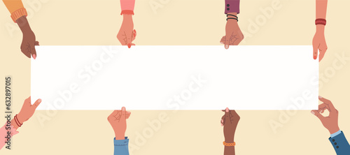 Diverse multiracial hands holding long blank banner. Hand drawn vector illustration isolated on light background. Flat cartoon style.