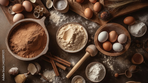 Rustic baking ingredients (flour, eggs, wooden spoons), Solid beige background, Flat lay, © Nati