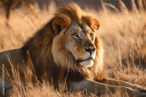 Male lion lying in the grass in Kruger National Park, South Africa