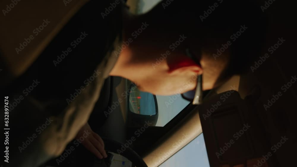 Young man in sunglasses travels behind wheel of his car. Inside view. Vertical video Young man in sunglasses travels behind wheel of his car. Inside view. Vertical video