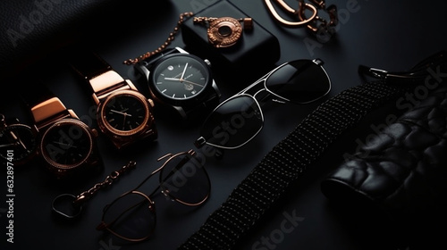 Stylish fashion accessories (watches, sunglasses, jewelry), Solid black background, Flat lay,  photo