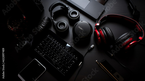 Tech gadgets (smartphone, laptop, headphones), Solid black background, Flat lay,  photo