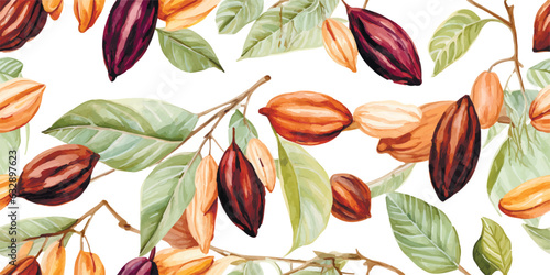 Beautiful seamless tropical pattern with hand drawn watercolor cocoa fruits and leaves