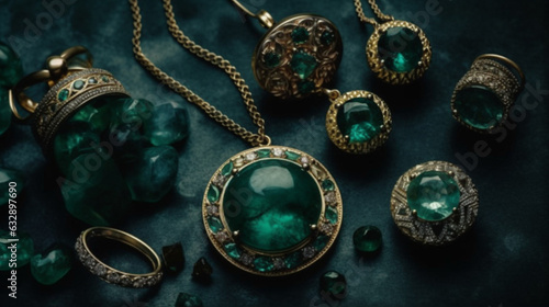 Gemstone jewelry (emerald rings, necklaces, earrings), Solid emerald background, Flat lay, 