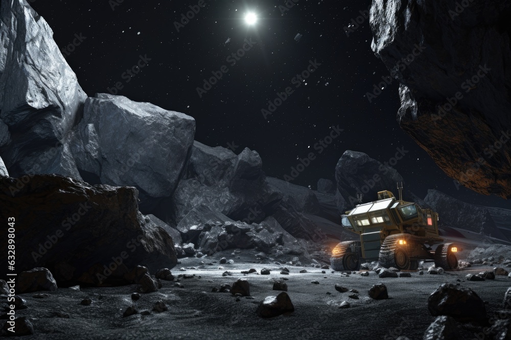 robots extracting minerals from asteroid surface - obrazy, fototapety, plakaty 