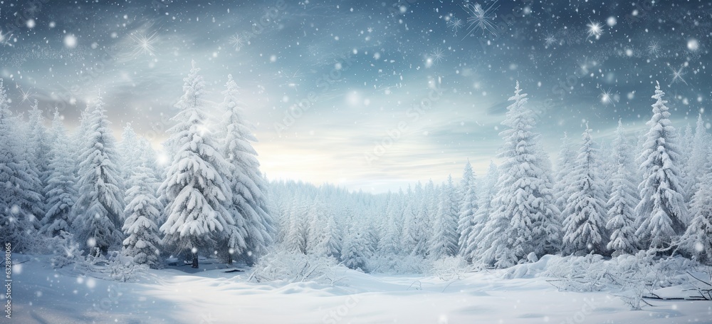 Snowy winter wonderland with twinkling lights. Scenic fairytale scenery, frozen and starry. Snowy winter wonderland with twinkling lights. Scenic fairytale scenery, frozen and starry.