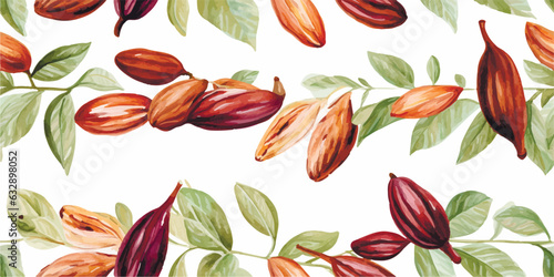 Beautiful seamless tropical pattern with hand drawn watercolor cocoa fruits and leaves