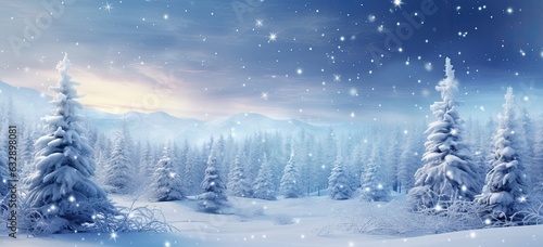 Enchanting winter wonderland with snow-covered trees. Peaceful snowy landscape, wintry and starry. © Postproduction