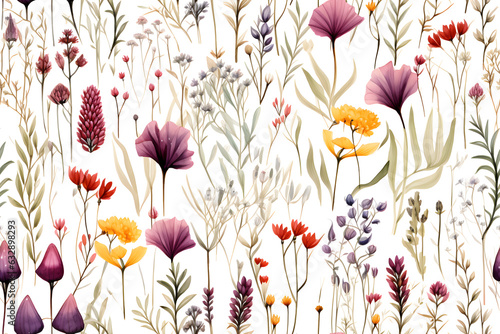 Wild Flowers bloom watercolor seamless pattern