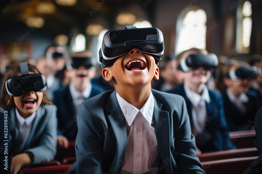 Smiling kids with VR glasses, virtual reality, Generative AI Smiling kids with VR glasses, virtual reality, Generative AI