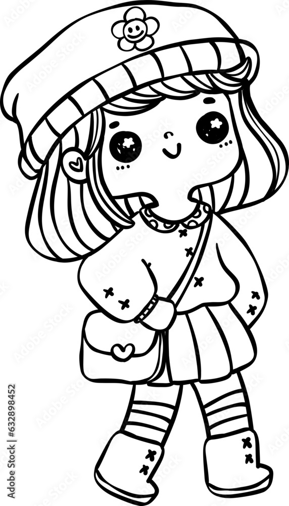 Cheerful Student girl Outline Doodle. Back to School kid.
