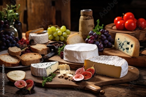 variety of artisan cheeses on rustic wooden table