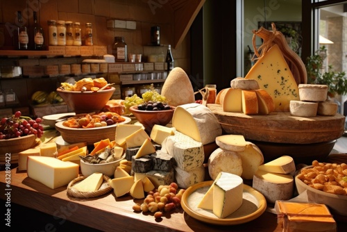 artisanal cheese shop display with assorted cheese types