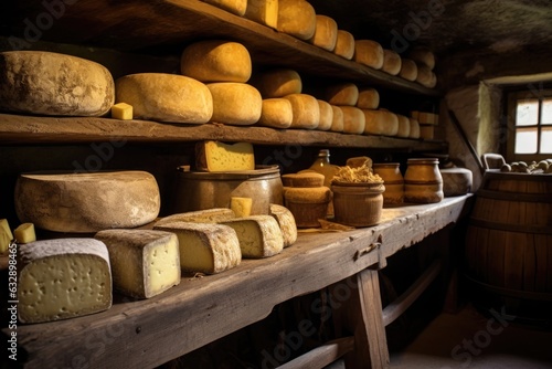 cheese aging on wooden shelves in a cellar