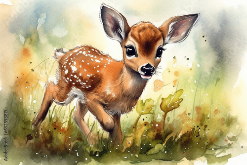 Playful Little Fawn: A whimsical watercolor cartoon illustration of a cute little deer, frolicking in a meadow. With big, expressive eyes and a joyful smile, this adorable fawn is 