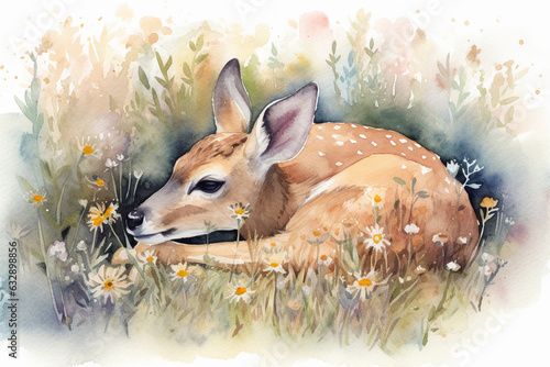 Sweet Dreams: A heartwarming watercolor cartoon illustration of a little deer peacefully sleeping amidst a field of flowers. Soft pastel colors and a serene atmosphere create a sen 