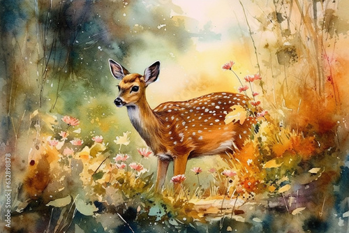 Whimsical Fawn: An enchanting watercolor depiction of a fawn exploring its surroundings. Playful and full of curiosity, this endearing creature is portrayed with vibrant colors and 