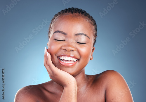 Face of black woman for cosmetics, beauty and eyes closed on blue background for wellness, facial or spa. Salon aesthetic, dermatology and happy African person in studio for skincare, makeup and glow