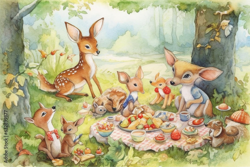 Little Deer's Picnic Party: A charming watercolor cartoon scene of a little deer hosting a picnic with its woodland friends. Amidst a backdrop of rolling hills and lush greenery, t  © Nati