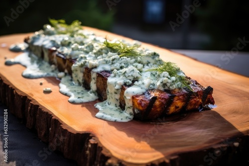 cedar plank on grill with melted blue cheese and sauce