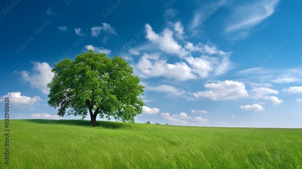 Fototapeta premium Beautiful landscape, Green Field Single Tree Blue Sky, Web Background, Ai Generate.