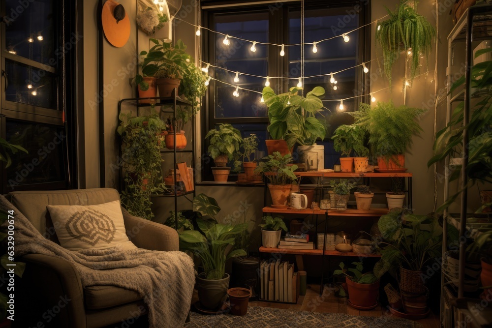 string lights and potted plants in a cozy corner
