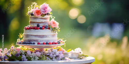 wedding cake decorated with flowers and berries photo