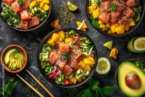 Hawaiian salmon tuna and shrimp poke bowls with sea
